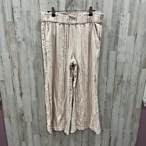 Beau Dawson Stripe Beige Linen Blend Crop Flowy Boho Wide Leg Pants Womens Med